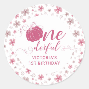 Fall Pumpkin Bow Pink Flowers Arch Birthday Classic Round Sticker