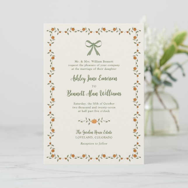 Fall Pumpkin Bow Wedding  Invitation (Standing Front)