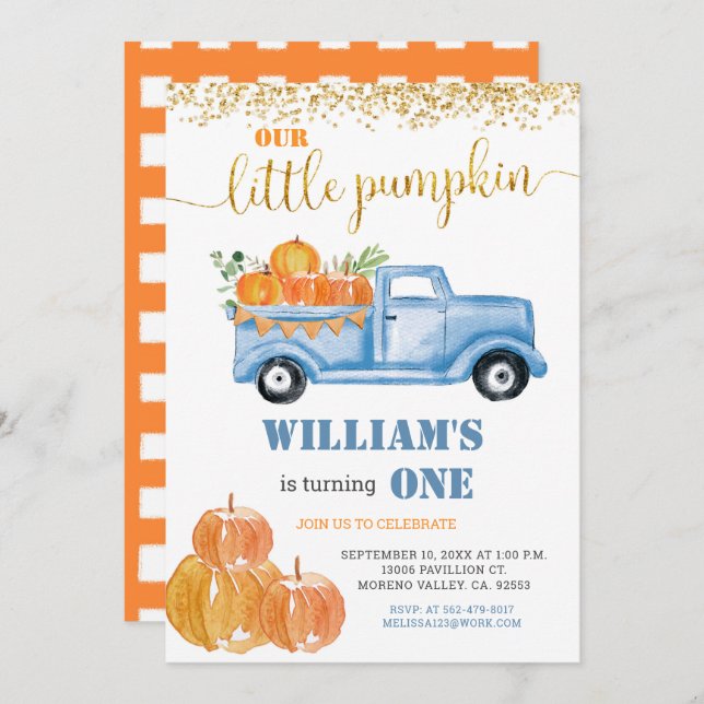 Fall Pumpkin Boy First little blue truck birthday Invitation (Front/Back)