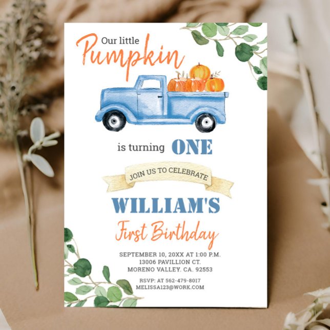 Fall Pumpkin Boy First little blue truck birthday Invitation (Creator Uploaded)