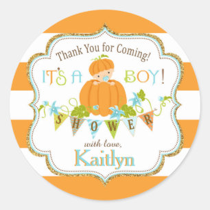Fall Pumpkin Boy Gold Glitter Baby Shower Classic Round Sticker