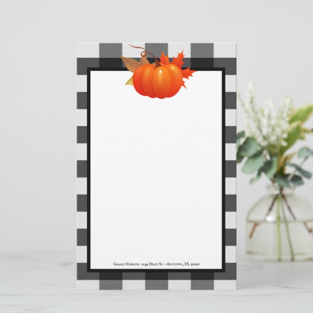 Fall Pumpkin Buffalo Plaid Personalised Stationery (Standing Front)