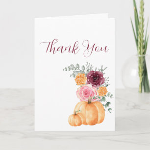 Fall pumpkin burgundy blush pink floral photo thank you card