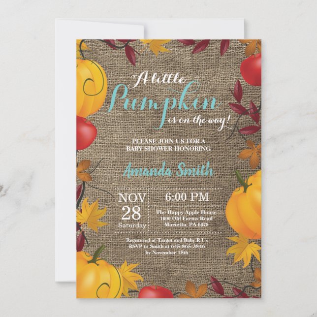 Fall Pumpkin Burlap Aqua Baby Shower invitation (Front)