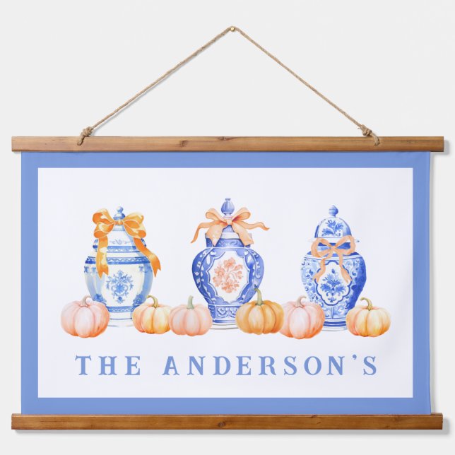 Fall Pumpkin Chinoiserie Ginger Jar Hanging Tapestry (Front)