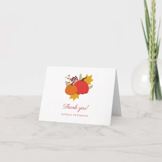 Fall Pumpkin Elegant Script Bridal Shower Thank You Card (Front)
