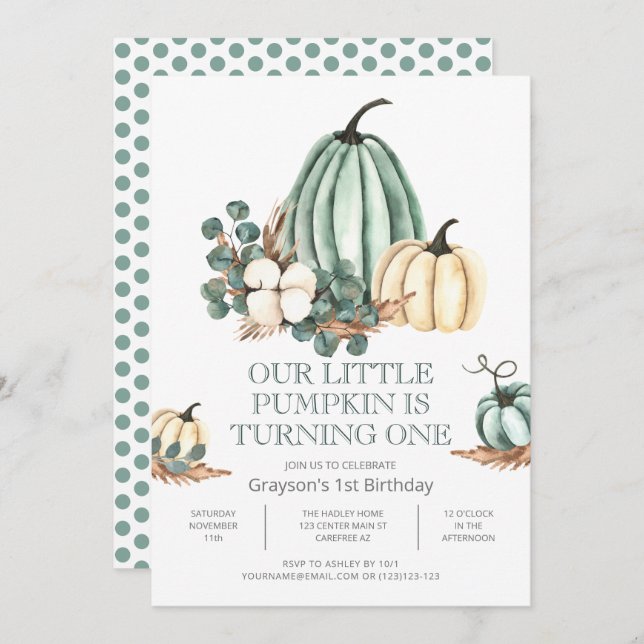 Fall Pumpkin Farmhouse 1st Birthday Party Invitation (Front/Back)