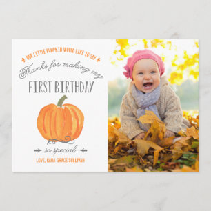 Fall Pumpkin First Birthday Thank You with Photo