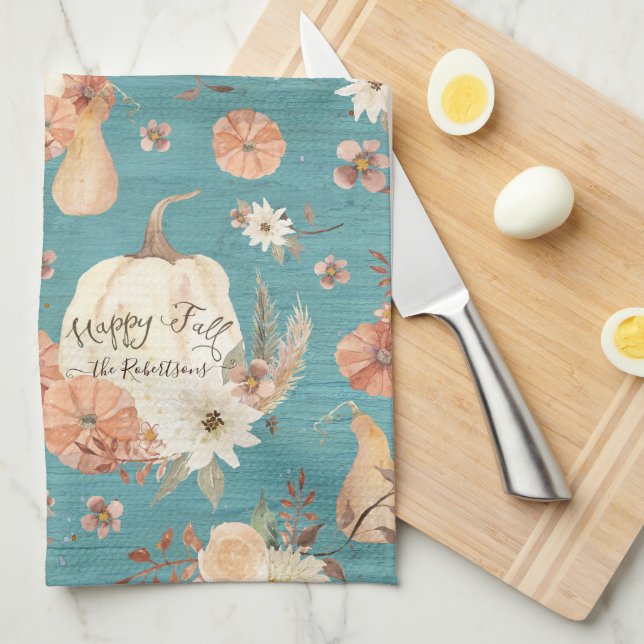 Fall Pumpkin Floral Autumn Foliage Teal Blue Name Tea Towel (Quarter Fold)