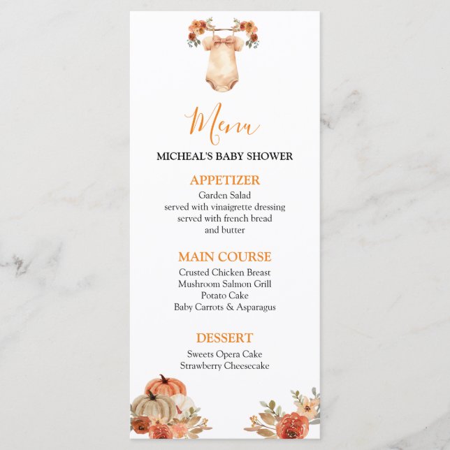 Fall Pumpkin Floral Baby Clothes Baby Shower Menu (Front)
