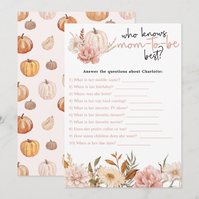 Fall Pumpkin Floral Baby Shower Game Card (Front/Back)