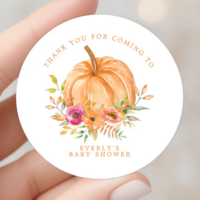 Fall Pumpkin Floral Baby Shower Thank You Classic Round Sticker (Creator Uploaded)
