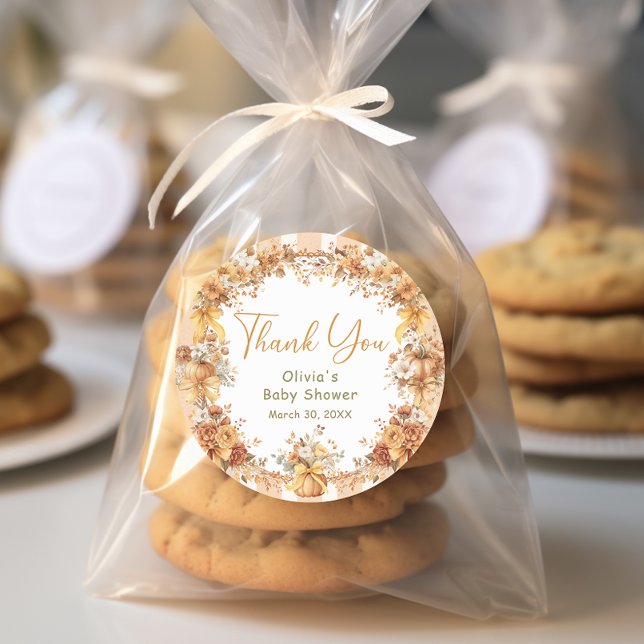 Fall Pumpkin Floral Baby Shower Thank You Classic Round Sticker (Creator Uploaded)