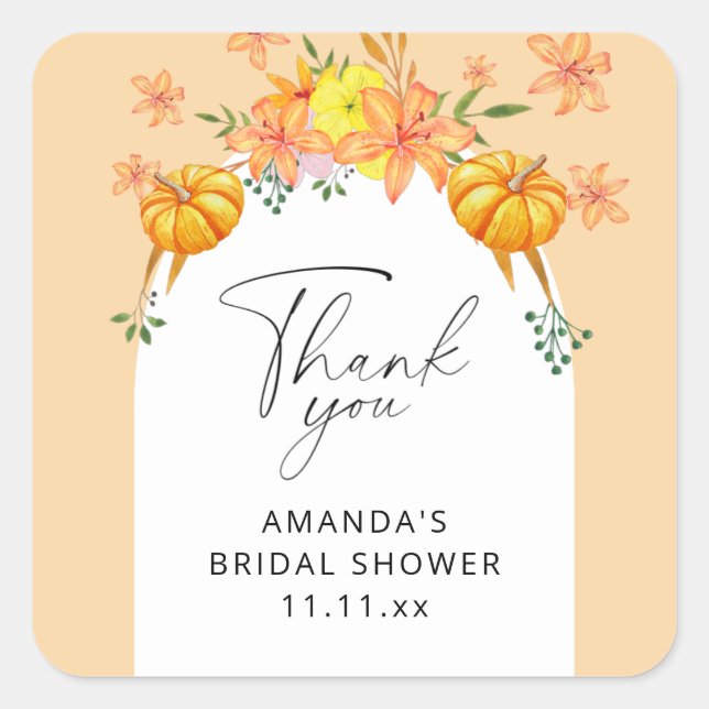 Fall pumpkin floral bridal shower square sticker (Front)
