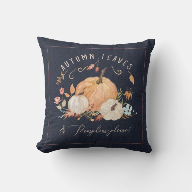 Fall Pumpkin Floral Navy Blue Watercolor Foliage Cushion (Front)