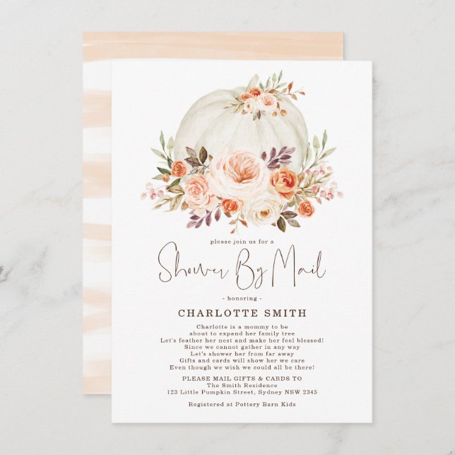 Fall Pumpkin Floral Neutral Baby Shower By Mail Invitation (Front/Back)