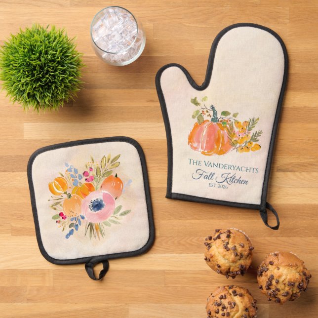 Fall Pumpkin Floral – Watercolor Kitchen Linens Oven Mitt & Pot Holder Set (Top Down)