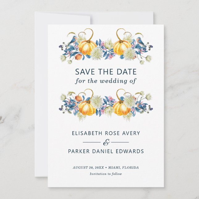 Fall Pumpkin Floral Wedding Save The Date (Front)