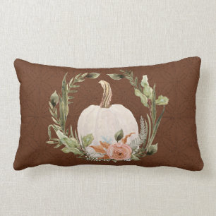 Fall Pumpkin Foliage Terracotta Floral Moss Green Lumbar Cushion