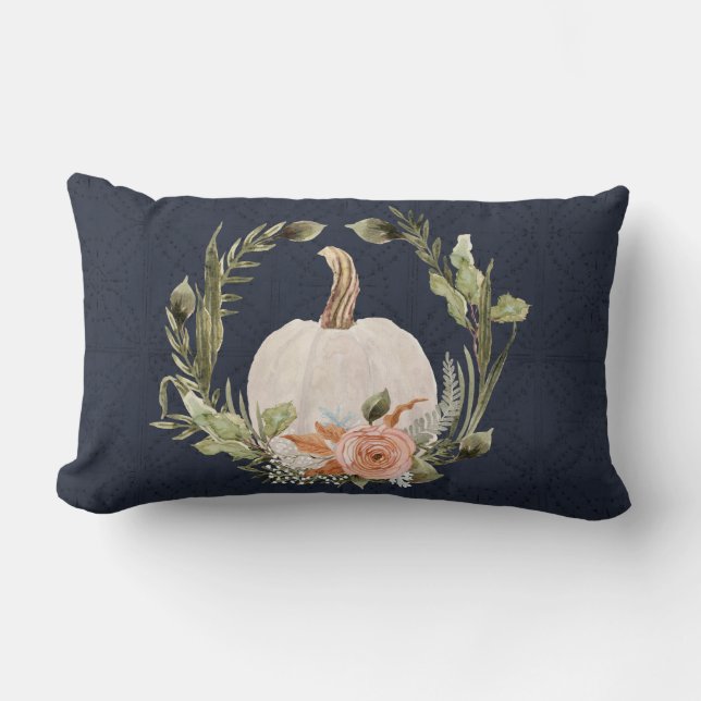 Fall Pumpkin Foliage Terracotta Floral Navy Blue   Lumbar Cushion (Front)