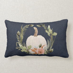 Fall Pumpkin Foliage Terracotta Floral Navy Blue   Lumbar Cushion