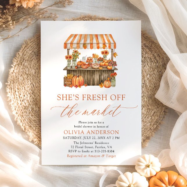 Fall Pumpkin Fresh Off the Market Bridal Shower Invitation (Orange Gingham Fall Pumpkin Fresh Off the Market Bridal Shower Invitation)