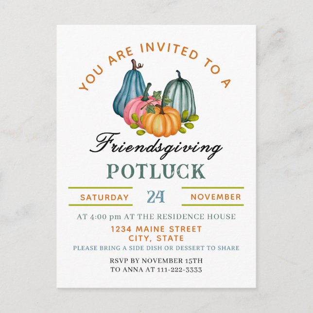 Fall Pumpkin Friendsgiving Potluck Invitation Postcard (Front)