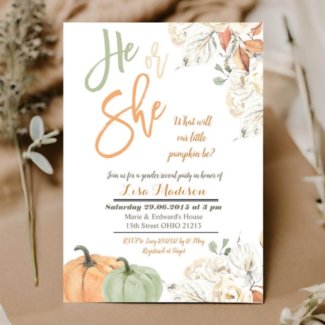 Fall pumpkin gender reveal card invitation (Creator Uploaded)