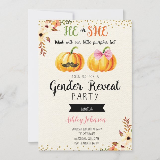 Fall pumpkin gender reveal card invitation (Front)