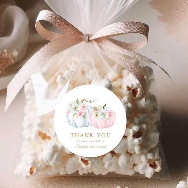 Fall Pumpkin Gender Reveal Classic Round Sticker (Fall Girl and boy Twins Baby Shower round sticker)