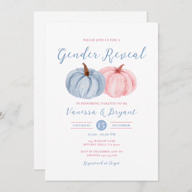 Fall Pumpkin Gender Reveal Pink & Blue Floral Invitation (Front/Back)