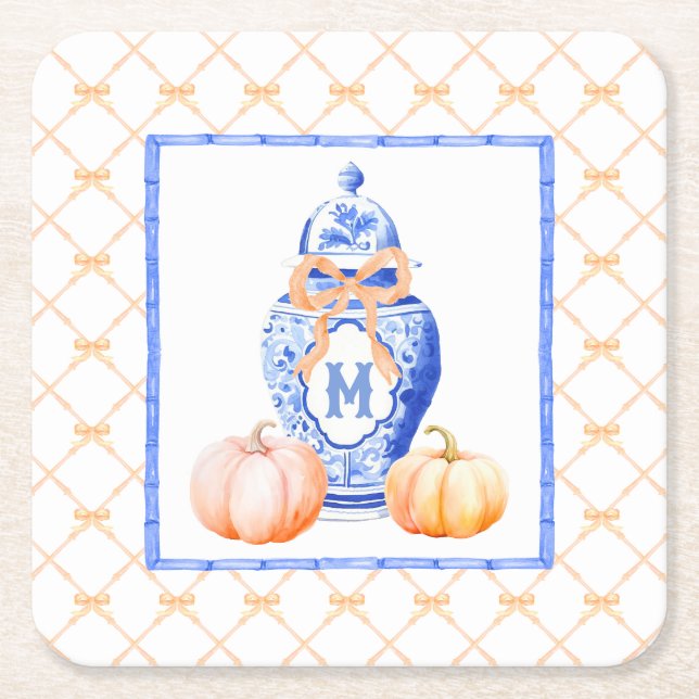 Fall Pumpkin | Ginger Jar Monogram Square Paper Coaster (Front)