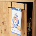 Fall Pumpkin | Ginger Jar Monogram Tea Towel<br><div class="desc">This chic design features chinoiserie ginger jar with a blue monogram and an orange bow surrounded by pumpkins. There is a coordinating chinoiserie pattern in the background. You can personalise with your monogram and name.</div>