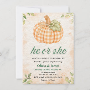 Fall Pumpkin Gingham He or She Gender Reveal Party Invitation