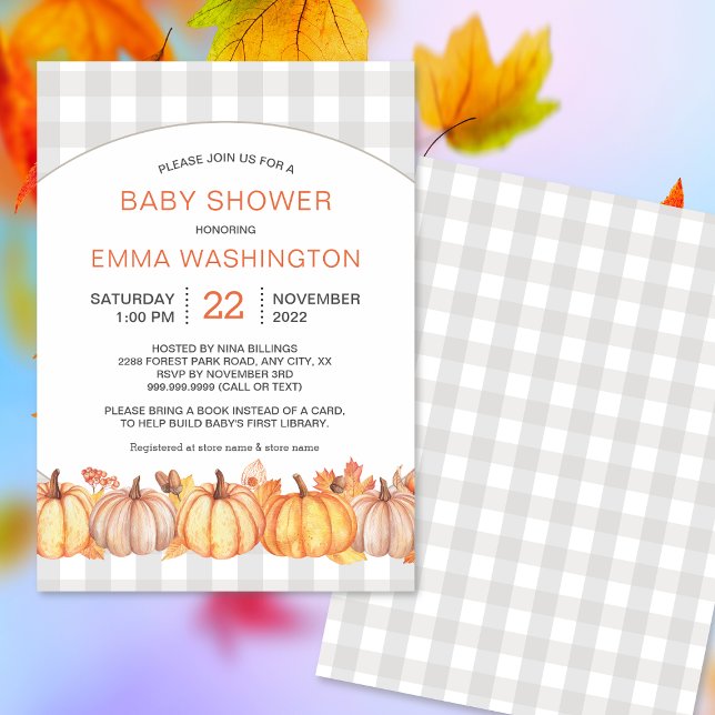 Fall pumpkin gingham neutral baby shower invite (Creator Uploaded)