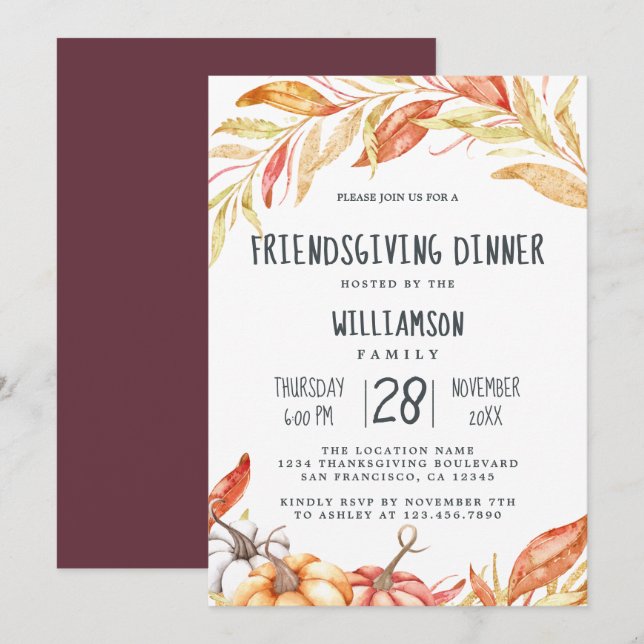 Fall Pumpkin Golden Foliage Friendsgiving Dinner Invitation (Front/Back)