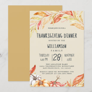 Fall Pumpkin Golden Foliage Thanksgiving Dinner Invitation