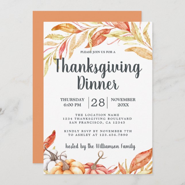 Fall Pumpkin Golden Foliage Thanksgiving Dinner Invitation (Front/Back)
