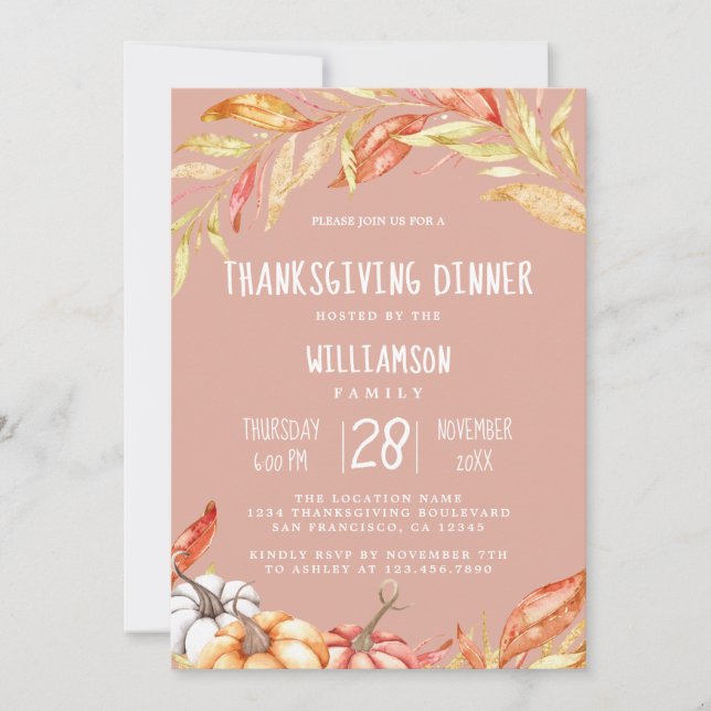 Fall Pumpkin Golden Foliage Thanksgiving Dinner Invitation (Front)