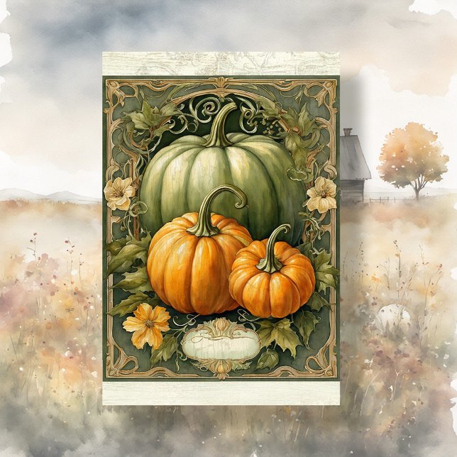 Fall Pumpkin Green Leaves Art Nouveau Decoupage Tissue Paper (Creator Uploaded)