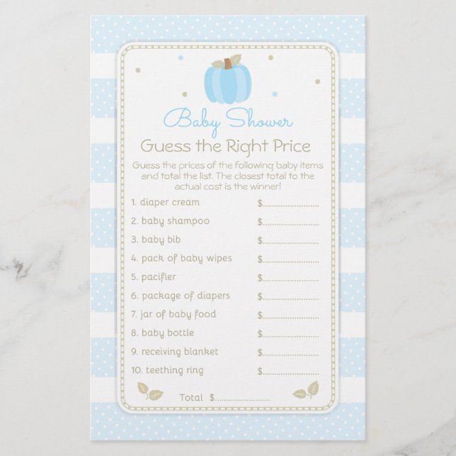 Fall Pumpkin Guess the Price Baby Boy Shower Game Flyer (Front)