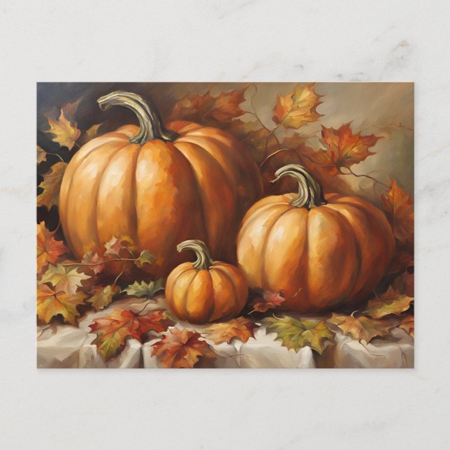 Fall Pumpkin Harvest, Autumn Leaves Holiday Postcard (Front)