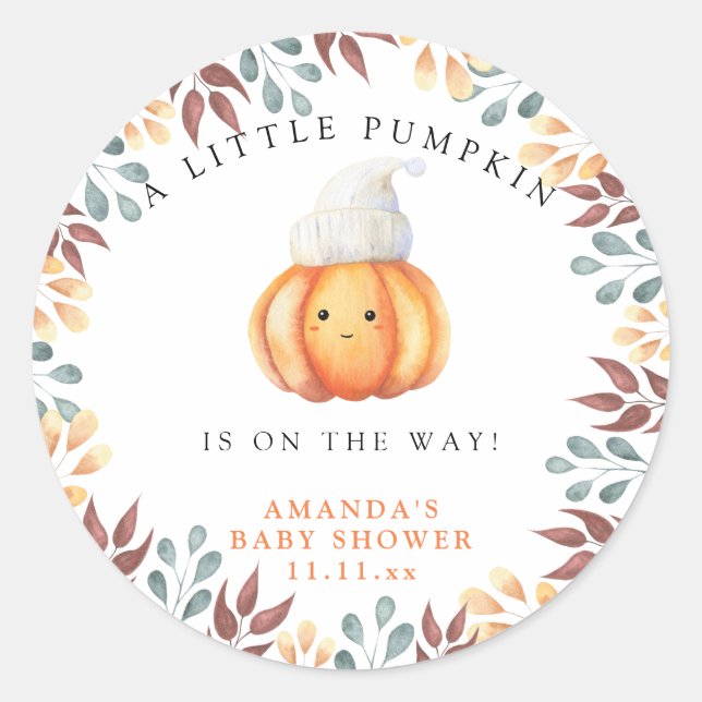 Fall pumpkin in hat Baby shower Classic Round Sticker (Front)