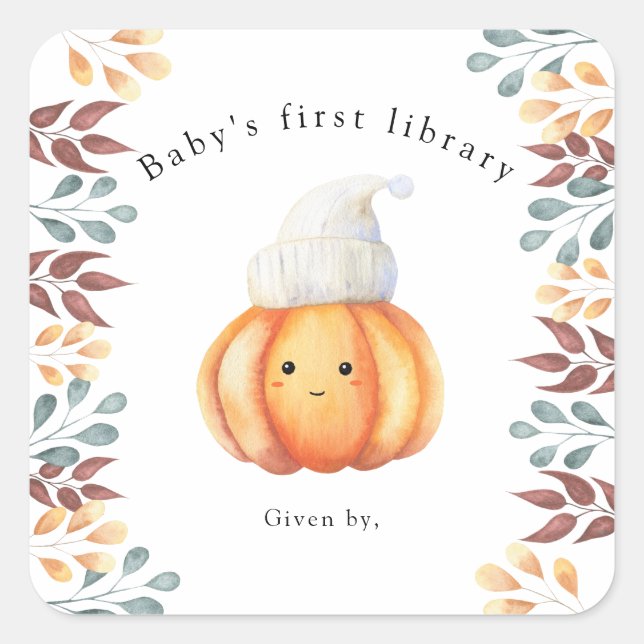 Fall pumpkin in hat - baby's first library square sticker (Front)