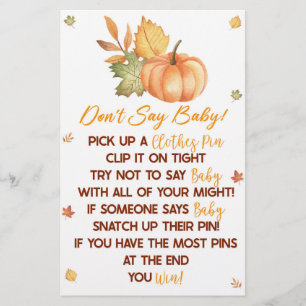 Fall Pumpkin Leaves Don't Say Baby Shower Game Stationery
