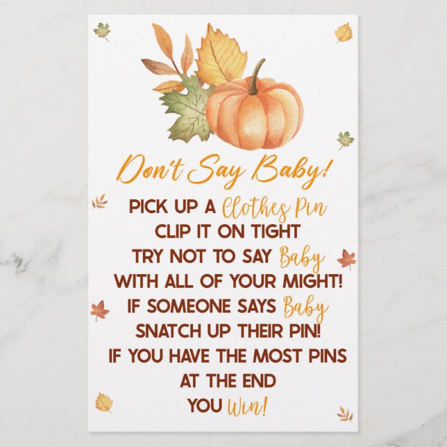 Fall Pumpkin Leaves Don't Say Baby Shower Game Stationery (Front)