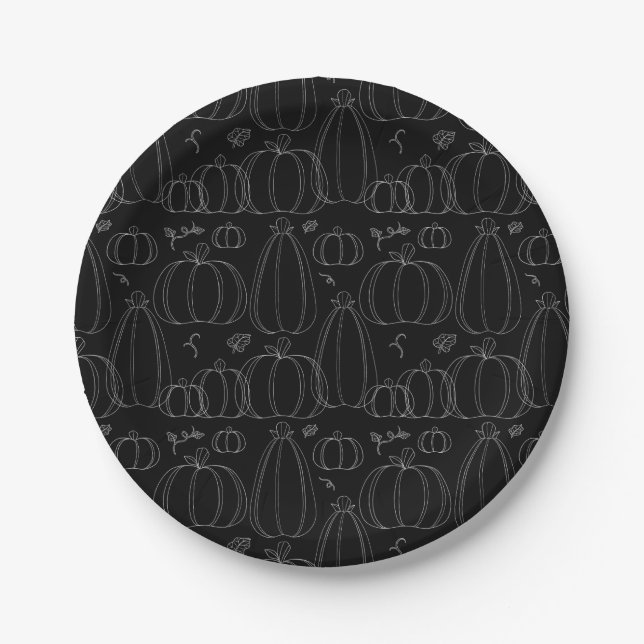 Fall Pumpkin Line Art in White on Black Paper Plate (Front)