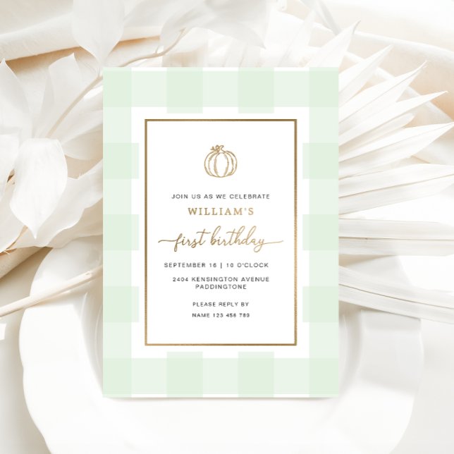 Fall Pumpkin Mint Gingham Birthday Foil Invitation (Pumpkin Mint Green Gingham First Birthday Invitation)