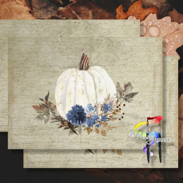 Fall Pumpkin Navy Blue Floral Script Rustic Wood Tissue Paper (Creator Uploaded)