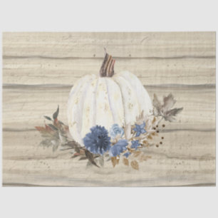 Fall Pumpkin Navy Blue Floral Script Wooden Tissue Paper